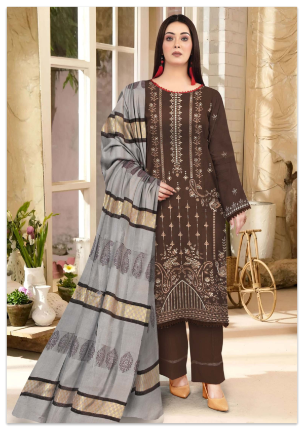 DANI LUXURY– 3 PC UNSTITCHED (BROWN) - Image 4